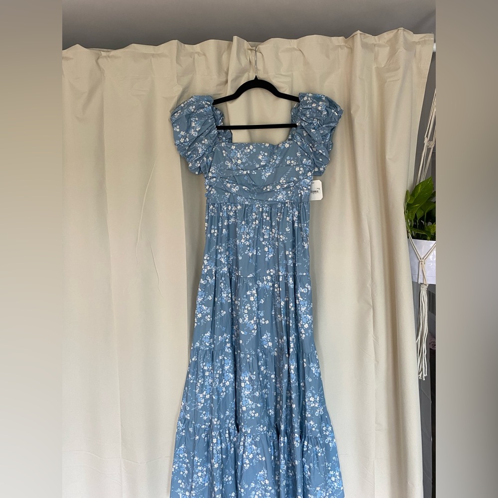 Altar’d State Floral Dress with Puff Sleeves, in Dusty Blue